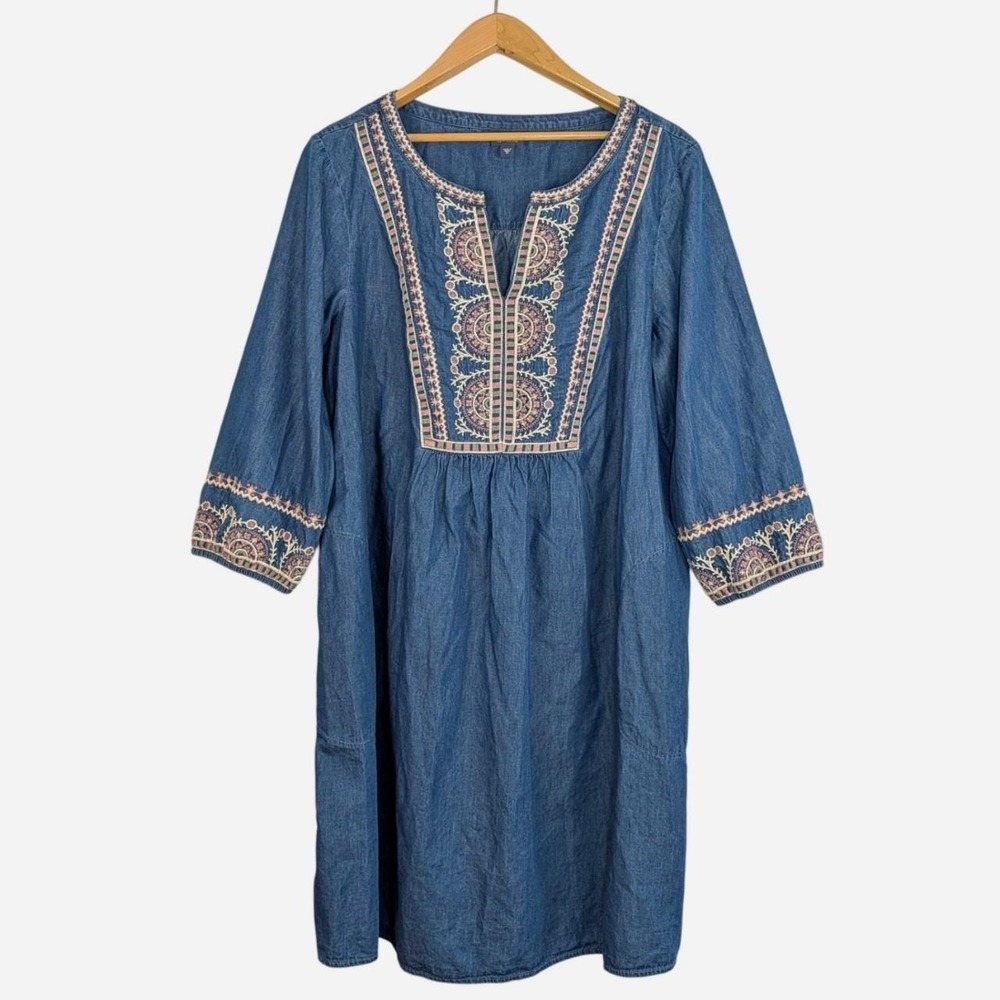J.Jill Denim Embroidered Chambray Boho Peasant Split Neck Dress Blue XL